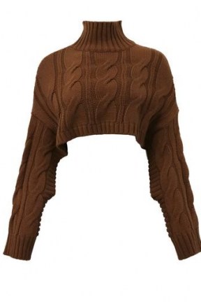 storets Hayley Cropped Poncho Sweater ~ high neck crop hem sweaters ~ brown cable knit jumper - flipped