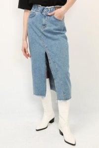 storets Alice Denim Front Slit Skirt | light blue midi skirts