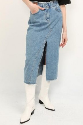 storets Alice Denim Front Slit Skirt | light blue midi skirts - flipped