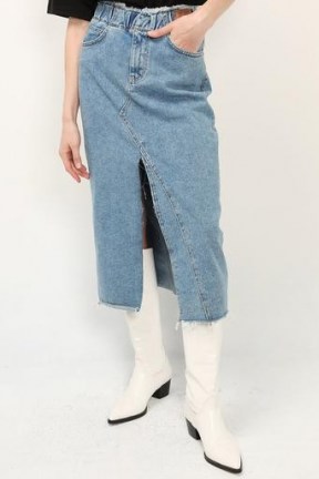 storets Alice Denim Front Slit Skirt | light blue midi skirts