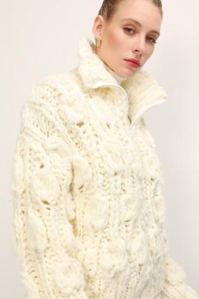 storets Leah Chunky Twist Knit Cardigan | cream front zip cardigans - flipped
