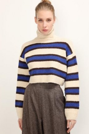 storets Lola Striped Cropped Sweater | blue high neck sweaters | crop hem jumper - flipped