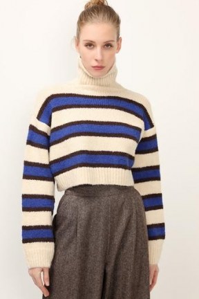 storets Lola Striped Cropped Sweater | blue high neck sweaters | crop hem jumper