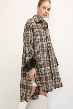 STORETS Harlow Contrast Cuff Plaid Shacket – brown checked oversized shackets - flipped