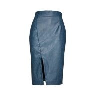 Conquista Indigo Faux Leather Pencil Skirt | blue split hem skirts