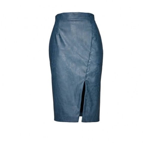 Conquista Indigo Faux Leather Pencil Skirt | blue split hem skirts - flipped