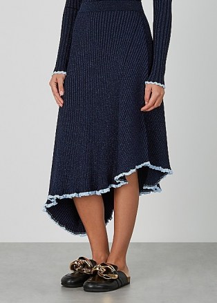 JW ANDERSON Infinity metallic-weave ribbed midi skirt ~ blue asymmetric skirts ~ shimmering rib knit clothing - flipped