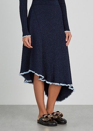 JW ANDERSON Infinity metallic-weave ribbed midi skirt ~ blue asymmetric skirts ~ shimmering rib knit clothing