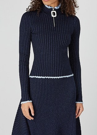 JW ANDERSON Metallic-weave half-zip ribbed top ~ blue shimmering high neck rib-knit tops - flipped