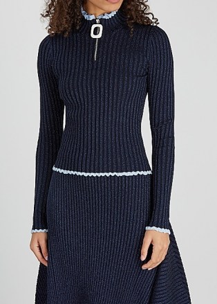 JW ANDERSON Metallic-weave half-zip ribbed top ~ blue shimmering high neck rib-knit tops