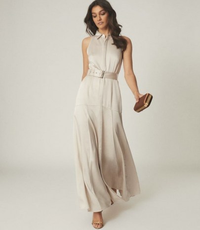 REISS KEIRA OPEN BACK BELTED MAXI DRESS CHAMPAGNE ~ long luxe evenimg dresses ~ elegant event wear - flipped