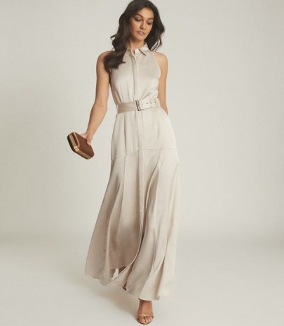 REISS KEIRA OPEN BACK BELTED MAXI DRESS CHAMPAGNE ~ long luxe evenimg dresses ~ elegant event wear