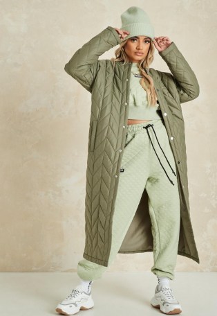 MISSGUIDED khaki chevron quilted long coat ~ green quilt detail coats - flipped