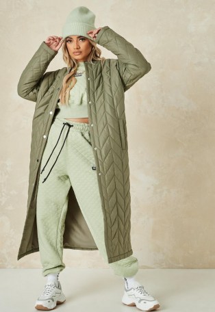 MISSGUIDED khaki chevron quilted long coat ~ green quilt detail coats