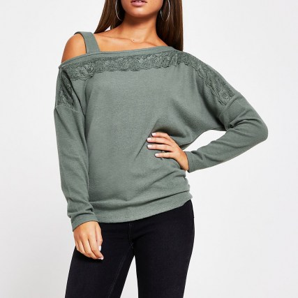 RIVER ISLAND Khaki lace trim long sleeve sweatshirt ~ green one cold shoulder sweatshirts