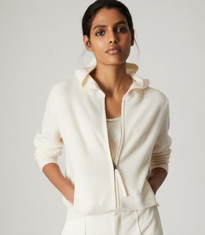 REISS KHLOE WOOL CASHMERE BLEND ZIP THROUGH HOODIE IVORY ~ luxe hoodies ~ casual style clothing - flipped