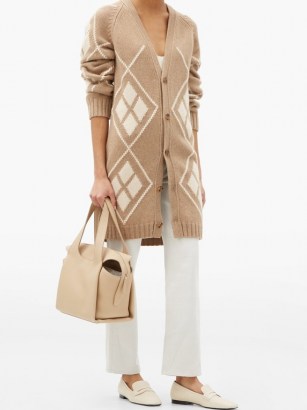 KHAITE Klara geometric-jacquard cashmere cardigan | beige longline cardigans | luxe patterned knitwear - flipped