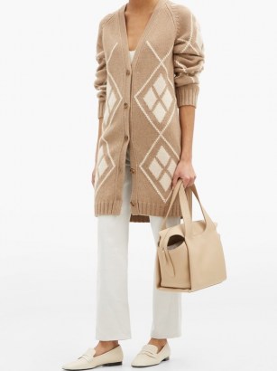 KHAITE Klara geometric-jacquard cashmere cardigan | beige longline cardigans | luxe patterned knitwear