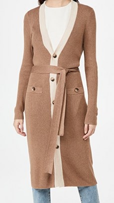 L’AGENCE Rebecca Ribbed Band Long Cardigan in camel ~ light brown longline tie waist cardigans - flipped