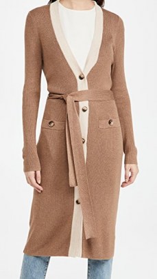 L’AGENCE Rebecca Ribbed Band Long Cardigan in camel ~ light brown longline tie waist cardigans