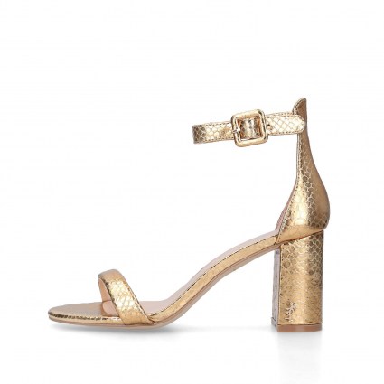 KURT GEIGER LONDON LANGLEY ~ gold block heel ankle strap sandal - flipped