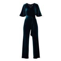 Rumour London Layla Velvet Jumpsuit With Bell Sleeves & Sash In Emerald Green | evening jumpsuits | party fashion