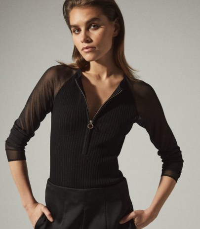 REISS LIA ZIP NECK TOP WITH SHEER SLEEVES BLACK ~ sheer sleeve knitted tops