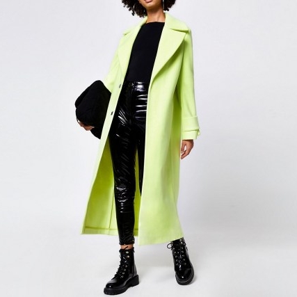 RIVER ISLAND Lime cuff detail longline coat ~ long bright coats