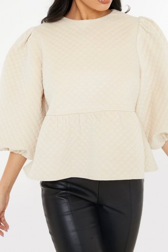 LORNA LUXE ECRU ‘PILLOW TALK’ QUILTED OVERSIZED BALLOON SLEEVE SMOCK TOP