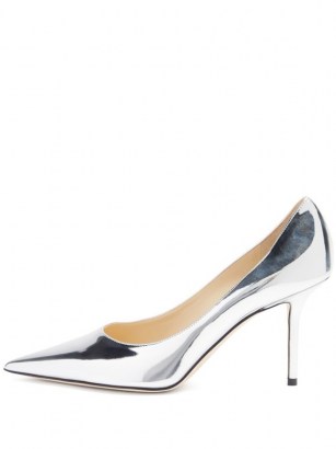 JIMMY CHOO Love 85 metallic-leather pumps ~ silver patent leather court shoes ~ shiny point toe courts - flipped