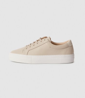 REISS LUCA TUMBLED LEATHER SNEAKERS TAUPE ~ neutral trainers ~ sports luxe shoes - flipped