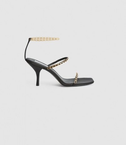 REISS MAGDA CHAIN SATIN STRAPPY HEELED SANDALS BLACK ~ glamorous evening heels ~ party glamour ~ event mules - flipped