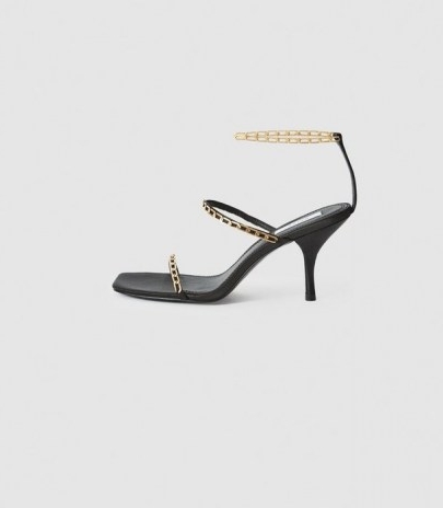 REISS MAGDA CHAIN SATIN STRAPPY HEELED SANDALS BLACK ~ glamorous evening heels ~ party glamour ~ event mules