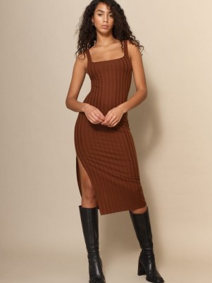 Reformation Matera Dress | brown thigh high split dresses - flipped