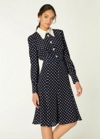 L.K. BENNETT MATHILDE NAVY & CREAM POLKA DOT SILK TEA DRESS ~ collared vintage look dresses