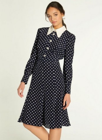 L.K. BENNETT MATHILDE NAVY & CREAM POLKA DOT SILK TEA DRESS ~ collared vintage look dresses - flipped
