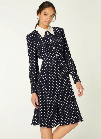 L.K. BENNETT MATHILDE NAVY & CREAM POLKA DOT SILK TEA DRESS ~ collared vintage look dresses
