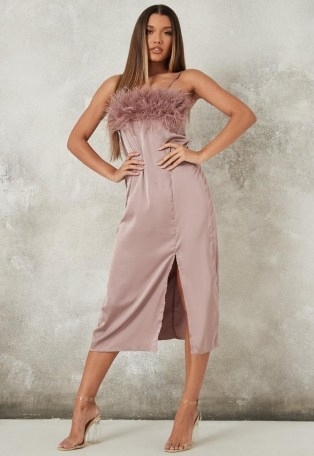 MISSGUIDED mauve feather bust slip midaxi dress ~ lingerie style going out dresses