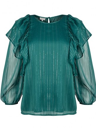 OLIVER BONAS Metallic Stripe & Frill Sleeve Green Blouse / shimmering ruffle trim blouses - flipped
