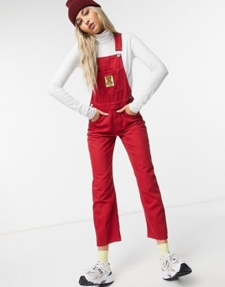 Minga London relaxed denim dungarees with bear patch in red | overalls - flipped