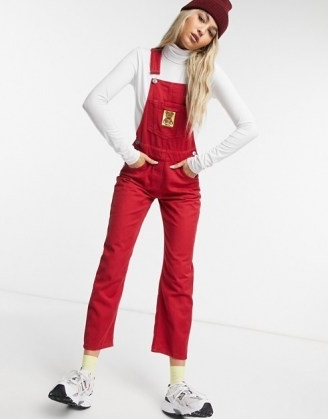 Minga London relaxed denim dungarees with bear patch in red | overalls