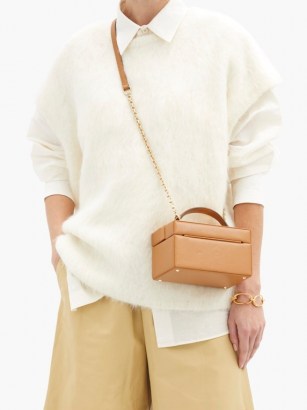 MARK CROSS 1845 mini saffiano-leather box bag / tan brown crossbody bags / small top handle handbags - flipped