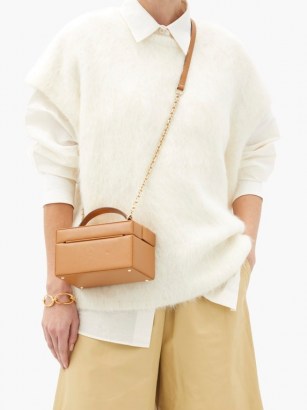 MARK CROSS 1845 mini saffiano-leather box bag / tan brown crossbody bags / small top handle handbags