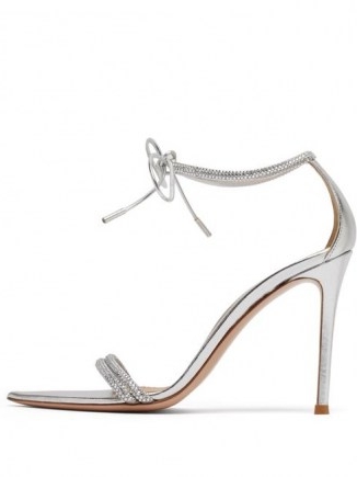 GIANVITO ROSSI Montecarlo 105 crystal-embellished leather sandals ~ metallic silver barely there heels