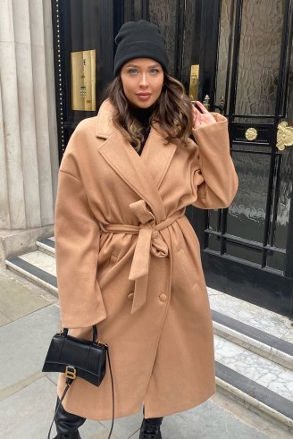 NAOMI GENES CAMEL WOOL DOUBLE BREASTED BELTED LONGLINE COAT | neutral coats