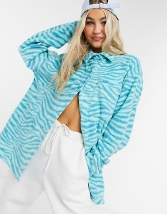 New Girl Order oversized fleece shacket in teal tiger print - flipped