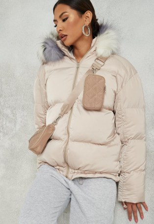 MISSGUIDED nude ruched sleeve faux fur coat ~ hooded coats ~ padded jackets with hoods - flipped