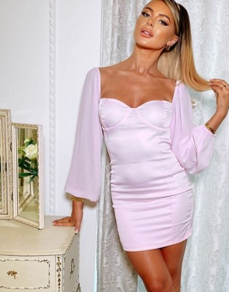 ODolls Collection satin volume sleeve sweetheart neck mini dress in pink - flipped