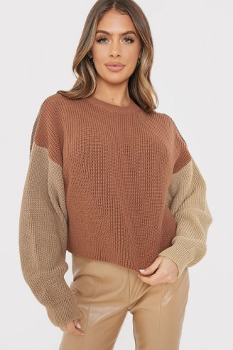 OLIVIA BOWEN STONE COLOUR BLOCK CROP KNITTED JUMPER WITH BALLOON SLEEVES ~ tonal brown jumpers - flipped