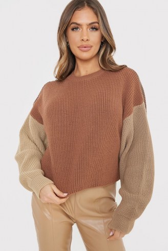 OLIVIA BOWEN STONE COLOUR BLOCK CROP KNITTED JUMPER WITH BALLOON SLEEVES ~ tonal brown jumpers